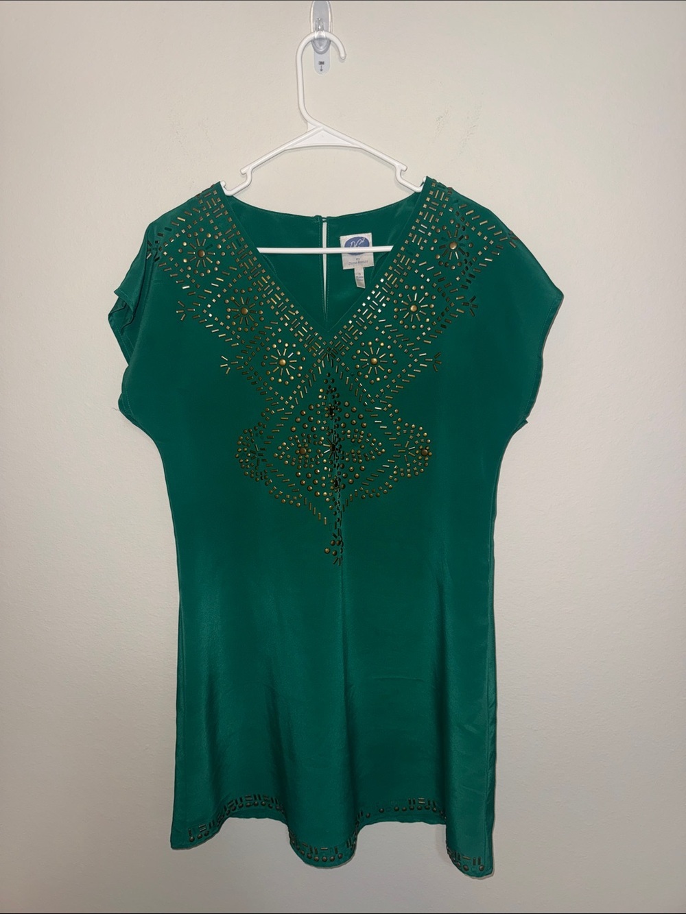 Studded Green V-Neck Women's Dress - small